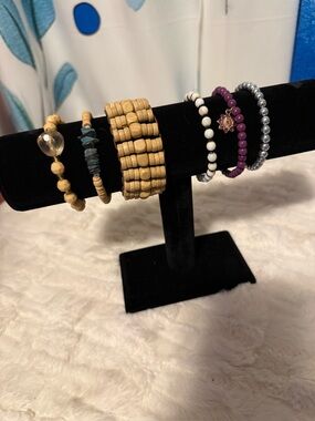Lot of 6 Boho Beaded Stretch Bracelets Wood Purple Silver Mixed